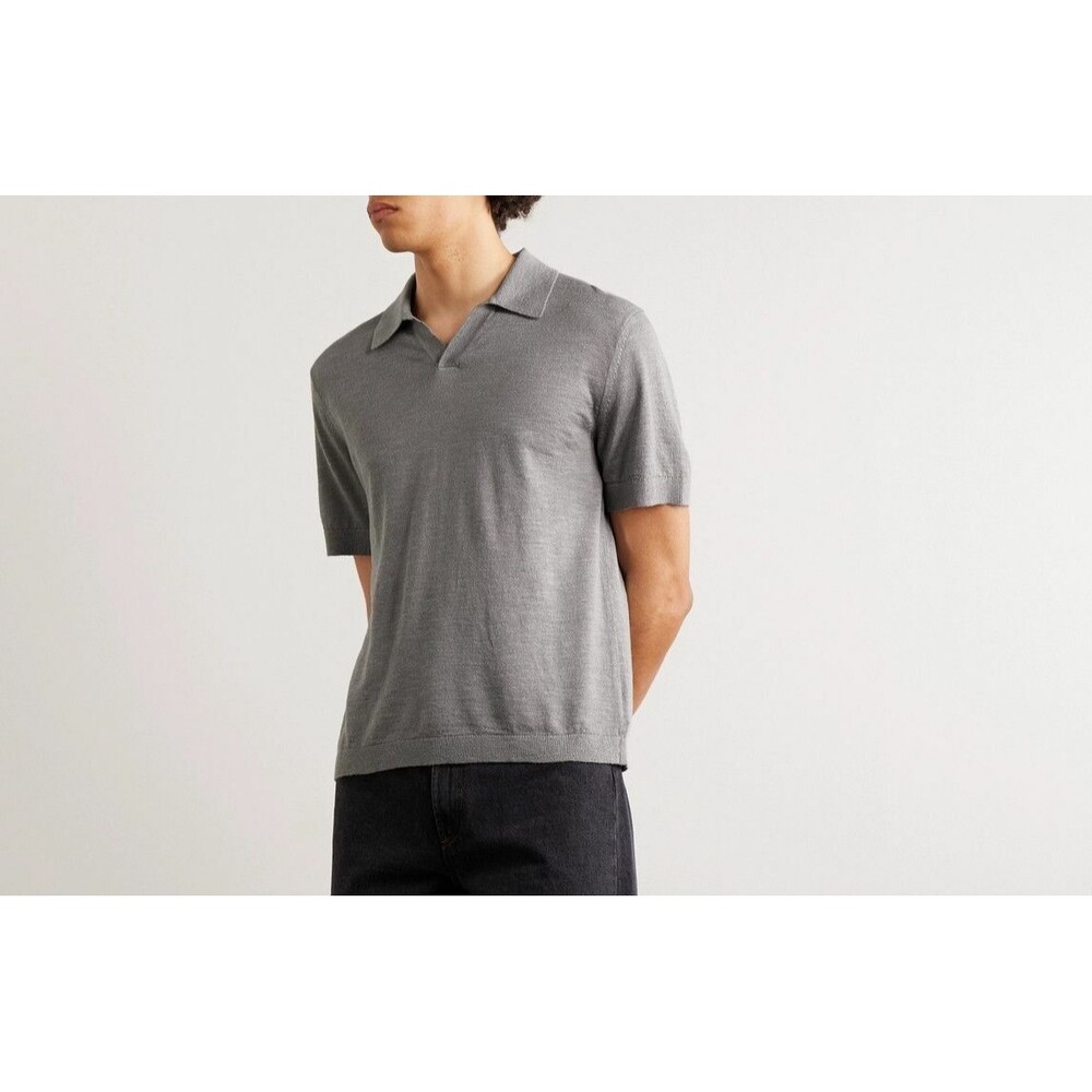 THEORY Polo Shirt Mens Medium Grey Pullover V-Neck Linen Blend BRENAN $175